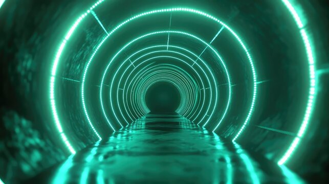 Futuristic tunnel with glowing neon teal light rings - Powered by Adobe