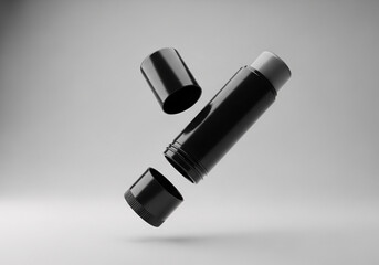 Fototapeta premium 3d render mockup flying empty black packing chapstick or lip balm 