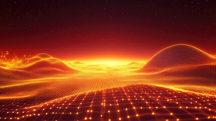 Digital wireframe landscape with glowing data points and city
