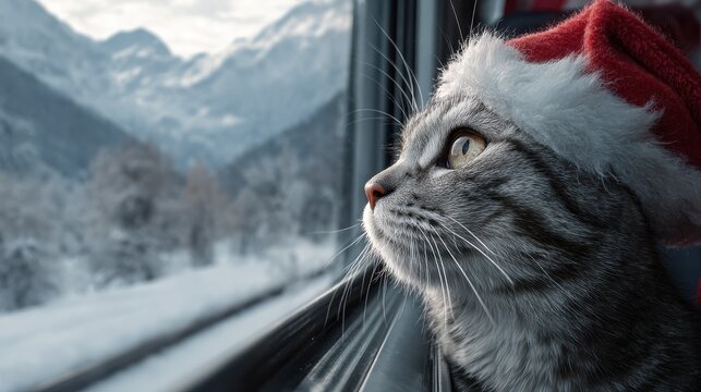 cute cat in santa hat gazing out a train window at snowy mountain scenery during holiday season image made using generative ai