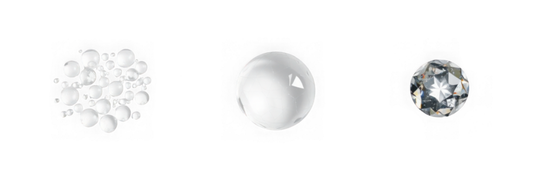 Three stages of crystal formation: from amorphous to structured.