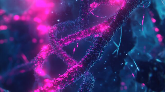 Dna helix structure glowing with neon pink light