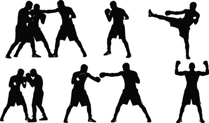 Silhouette boxing athletes training, fighting, punching and sparring in dynamic action poses, martial arts fitness workout illustration for sports design and advertising