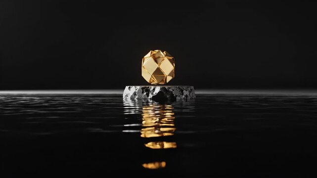 A solitary gold-colored geometric object sits atop a small ice cube floating in dark water with a subtle reflection, against a dark background.