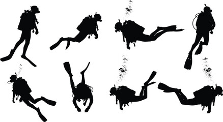 Silhouette scuba divers underwater in various swimming and diving poses, ocean exploration, professional diving activity, aquatic sport collection for marine adventure themes