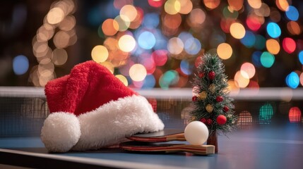 a festive scene featuring a santa hat and two ping pong paddles with a small christmas tree set against a bokeh background of christmas lights on a ping pong table bokeh light lights background bo