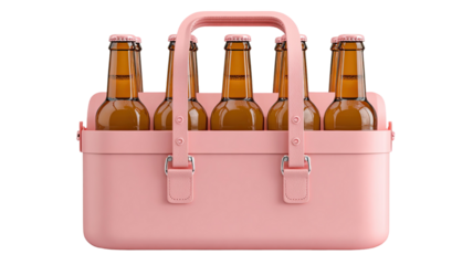 Isolated brown and green glass beer bottles, full and empty in pink basket , with caps, ready for cold refreshment