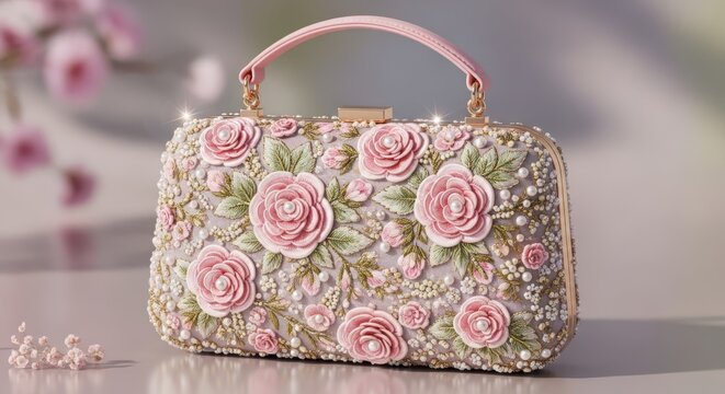 Elegant embellished evening clutch purse with pink floral accents for special occasions