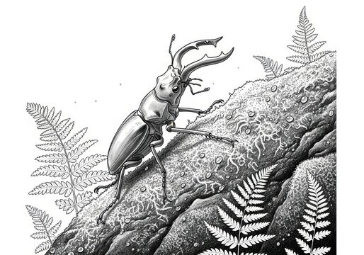 Intricate line art depicting a beetle ascending a mossy tree trunk among ferns