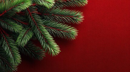 pine branch on red christmas background green pine branch with red holiday background space
