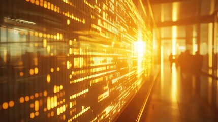 Digital data flowing through futuristic golden corridor network