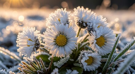 Frosted white daisies in a field during a cold sunrise.