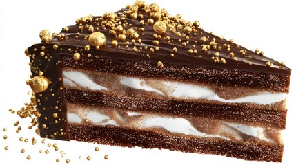 slice of layered chocolate cake with cream filling and gold sprinkles
