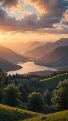 Dramatic sunset over a mountain lake valley, landscape with fog, vertical golden hour light