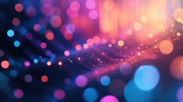 Digital data flowing with vibrant bokeh lights