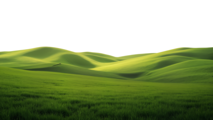 Smooth rolling green hills under a pale sky, minimalist natural landscape with serene atmosphere and soft wave-like shapes.