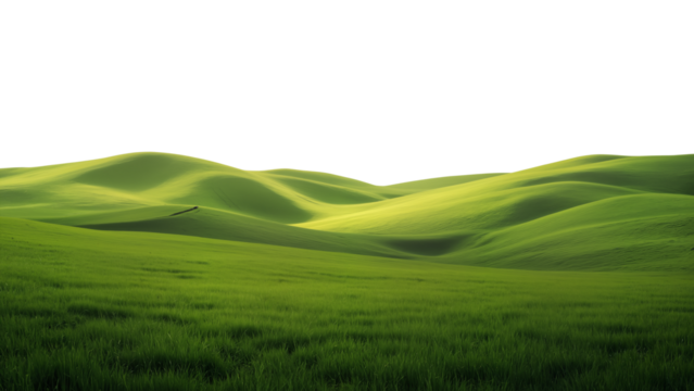 Smooth rolling green hills under a pale sky, minimalist natural landscape with serene atmosphere and soft wave-like shapes.