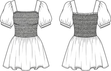 Smocked short dress fashion flat with puff sleeves, detailed CAD technical drawing, vector clothing template illustration for apparel designers and sewing production