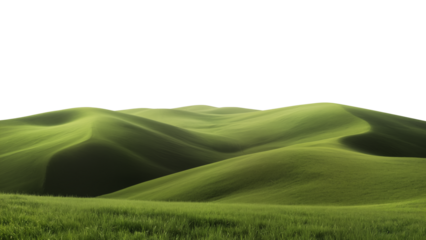 Smooth rolling green hills under a pale sky, minimalist natural landscape with serene atmosphere and soft wave-like shapes.