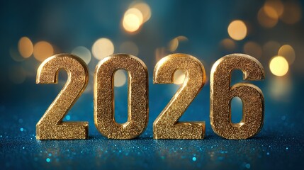 Shiny metallic 3D golden text '2026' placed on a solid blue background, perfect for New Year celebrations and special event card designs.