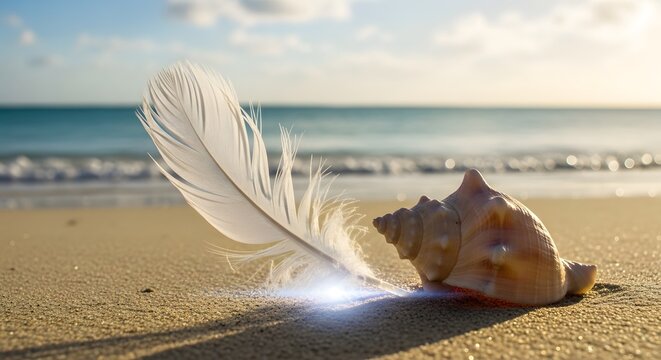 A serene beach scene featuring a large seashell and a white feather resting on the sandy shore with gentle waves and a partly cloudy sky in the background - Powered by Adobe