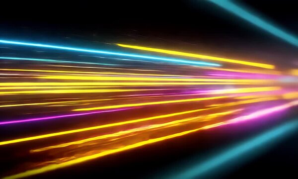 Abstract streaks of vibrant neon light in motion blur create a dynamic and energetic visual effect against a dark background suggesting speed and futuristic technology