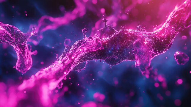 Glowing magenta liquid particles flowing through abstract space
