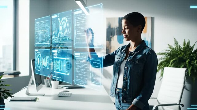 Woman touching hologram interface in office. Augmented technology display shows computer analytics. Interaction suggests innovation. Clean workspace emphasizes productivity. Sleek modern design tone.