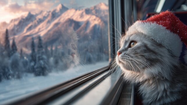 cute cat in santa hat gazing out a train window at snowy mountain scenery during holiday season image made using generative ai