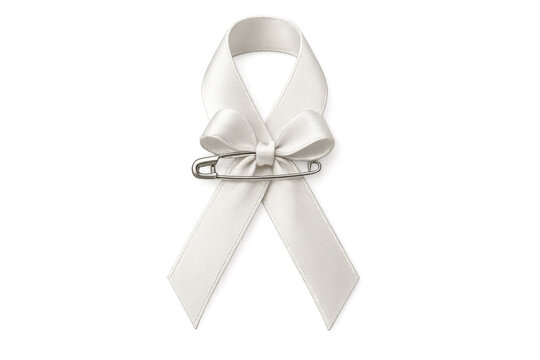 White awareness ribbon with safety pin symbolizing support for various causes, health conditions, or commemorative events