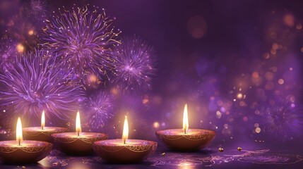 vibrant diwali celebration with glowing diyas fireworks and festive lights on a deep purple background