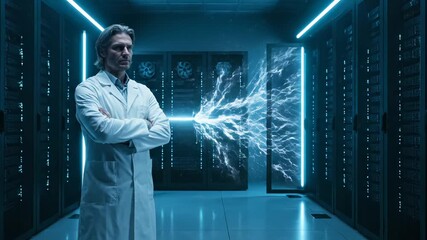 Scientist stands in laboratory observing neural network on digital screen. Man views neural visualization in lab. Scientist examines network display. Laboratory shows neural system with scientist in l - Powered by Adobe