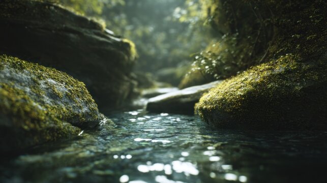 Serene Stream Flowing Through a Lush Green Landscape with Mossy Rocks - Powered by Adobe