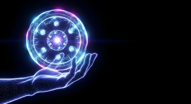 A glowing futuristic digital sphere of light particles held in a translucent hand, symbolizing technology, innovation, and the future of artificial intelligence and virtual reality