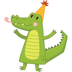 Happy Green Cartoon Alligator Wearing A Party Hat And Blowing A Party Horn With A Pink Cheeks And Open Arms On A Transparent Background
