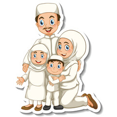 Happy Muslim Family With Two Children Wearing Traditional White Clothing Standing Together In A Studio Portrait With A Transparent Background