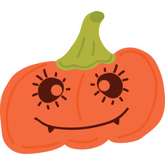 Happy Orange Halloween Pumpkin with Green Stem and Cute Face with Small Fangs and Star Eyes Isolated on Transparent Background