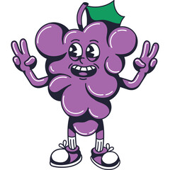Happy purple grape character with green leaf wearing sneakers and white socks giving peace signs with both hands with a wide smile and big eyes on a transparent background