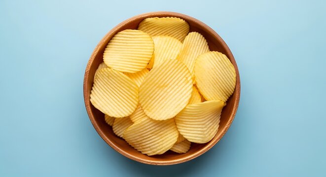 A rustic wooden bowl filled with ridged potato chips, viewed from above against a vibrant blue background, showcasing a popular crunchy snack