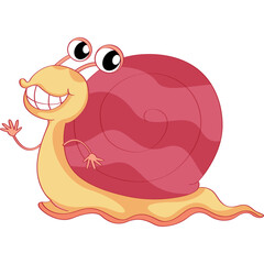 Happy cartoon snail character waving hello with a wide smile and big eyes against a white background with a pink swirl shell