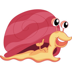 Happy cartoon snail with a large pink shell and a smiling face on a transparent background
