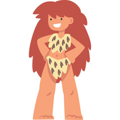 Happy Cavewoman Character With Long Red Hair And Animal Print Outfit Standing Confidently With Hands On Hips