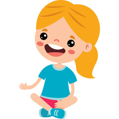 Happy cartoon young girl with blonde hair wearing a blue shirt and pink shorts sitting on a transparent background cheerful and smiling with open mouth
