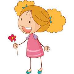 Happy Cartoon Young Girl With Blonde Pigtails Holding a Red Flower Wearing a Pink Dress and Blue Shoes Simple Drawing Isolated on White