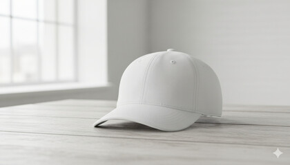 Baseball Cap Mockup on Table A customizable baseball cap placed on a wooden table with a clean background, allowing for logo or design placement on the front panel