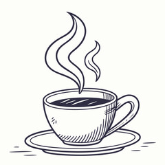 A simple hand drawn sketch of a steaming cup of coffee or tea on a saucer with a minimalist style and clean white background perfect for beverage related designs