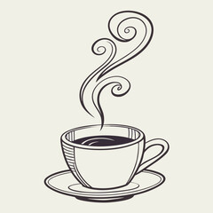A simple hand drawn illustration of a steaming cup of coffee or tea on a saucer with elegant swirling steam rising upwards against a plain background