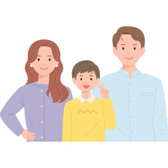 Happy family portrait featuring a mother father and son with a white background and transparent details conveying unity and joy