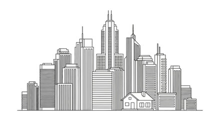 Obraz premium Line drawing of a modern city skyline with numerous skyscrapers and a small house at the base.