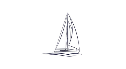 A detailed line drawing of a sailboat with sails up, gently floating on water, against a white background.
